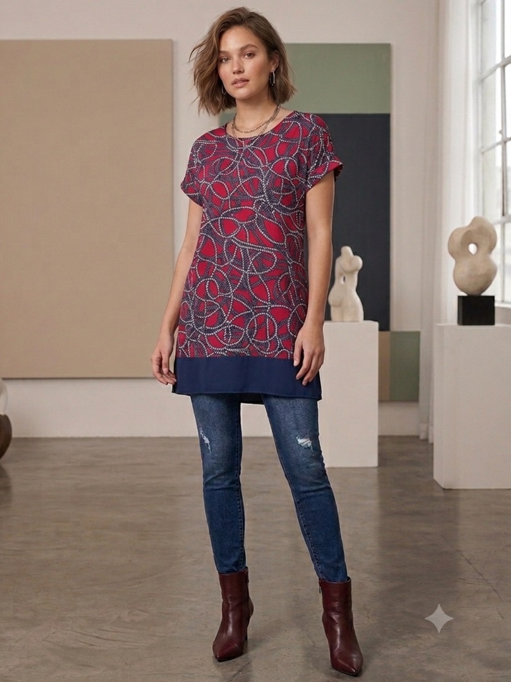 Marks & Spencer Red Patterned Short-Sleeve Tunic with Navy Hem